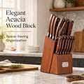 Elegant  16 Pcs Kitchen Knife Set with Sharpener & Acacia Wooden Block, Stainless Steel Brown Wood Handle, Multi Cooking Knives