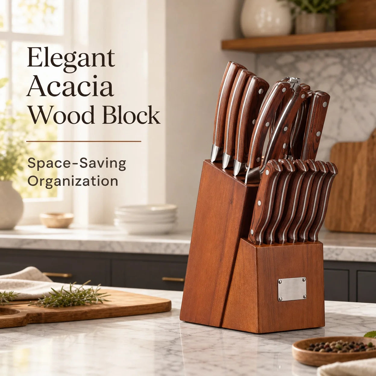 Elegant  16 Pcs Kitchen Knife Set with Sharpener & Acacia Wooden Block, Stainless Steel Brown Wood Handle, Multi Cooking Knives