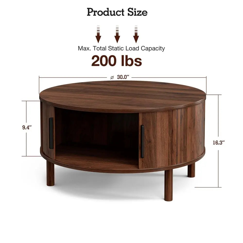 Sleek MidCentury, Walnut 30.0D x 16.3H, Round Coffee Table