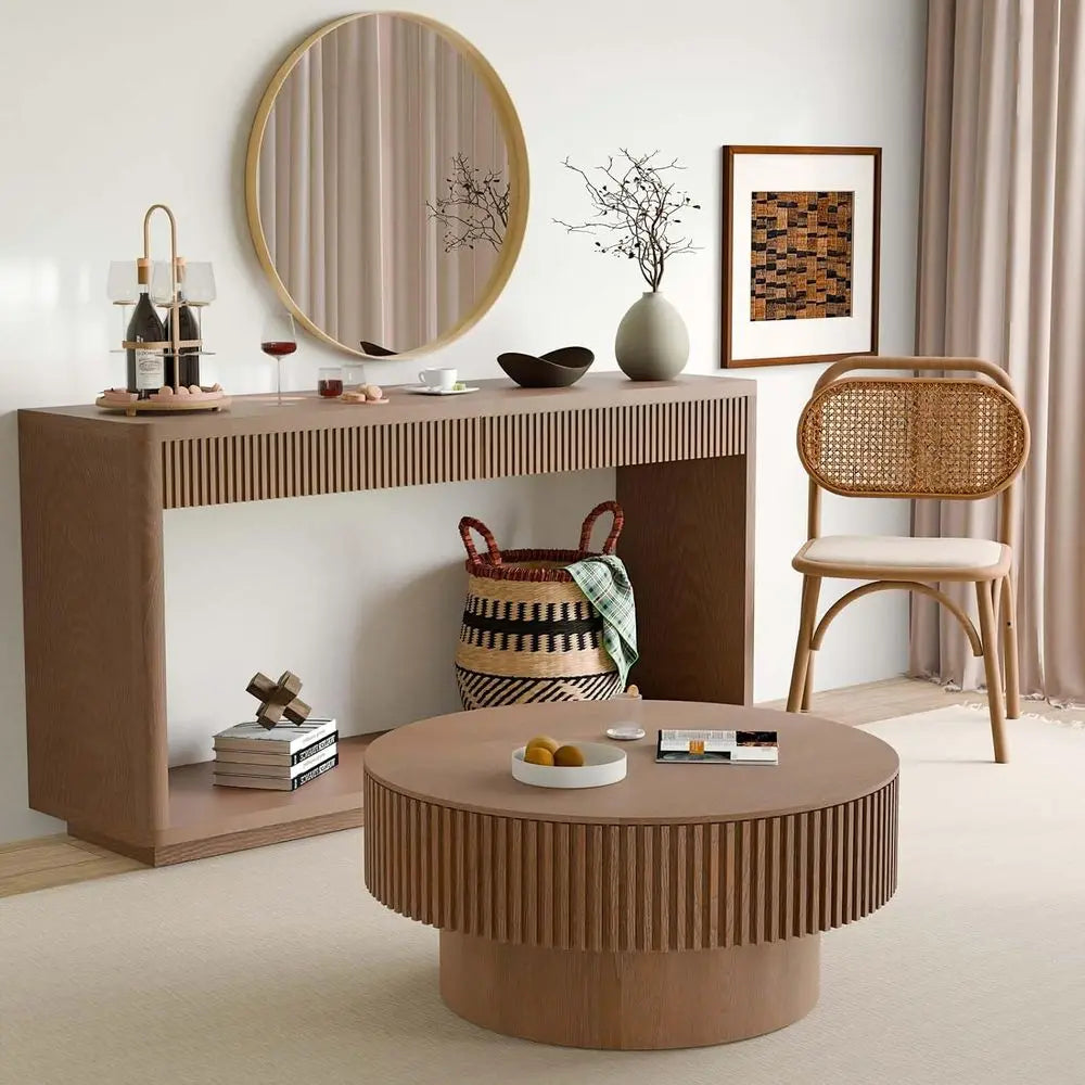 Walnut Round Coffee Table with Storage for Small Spaces: 31.5L × 31.5W × 14H
