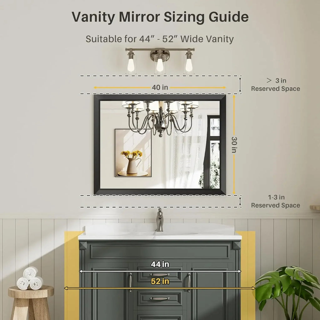 40x30 Inch Black Bathroom Mirror for Wall, Thick Metal Framed Rectangle