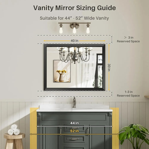 40x30 Inch Black Bathroom Mirror for Wall, Thick Metal Framed Rectangle