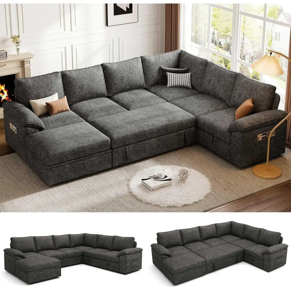 108 Sectional Sofa with Pull-Out Bed, 7-Seat Storage Sectional, Charcoal Grey