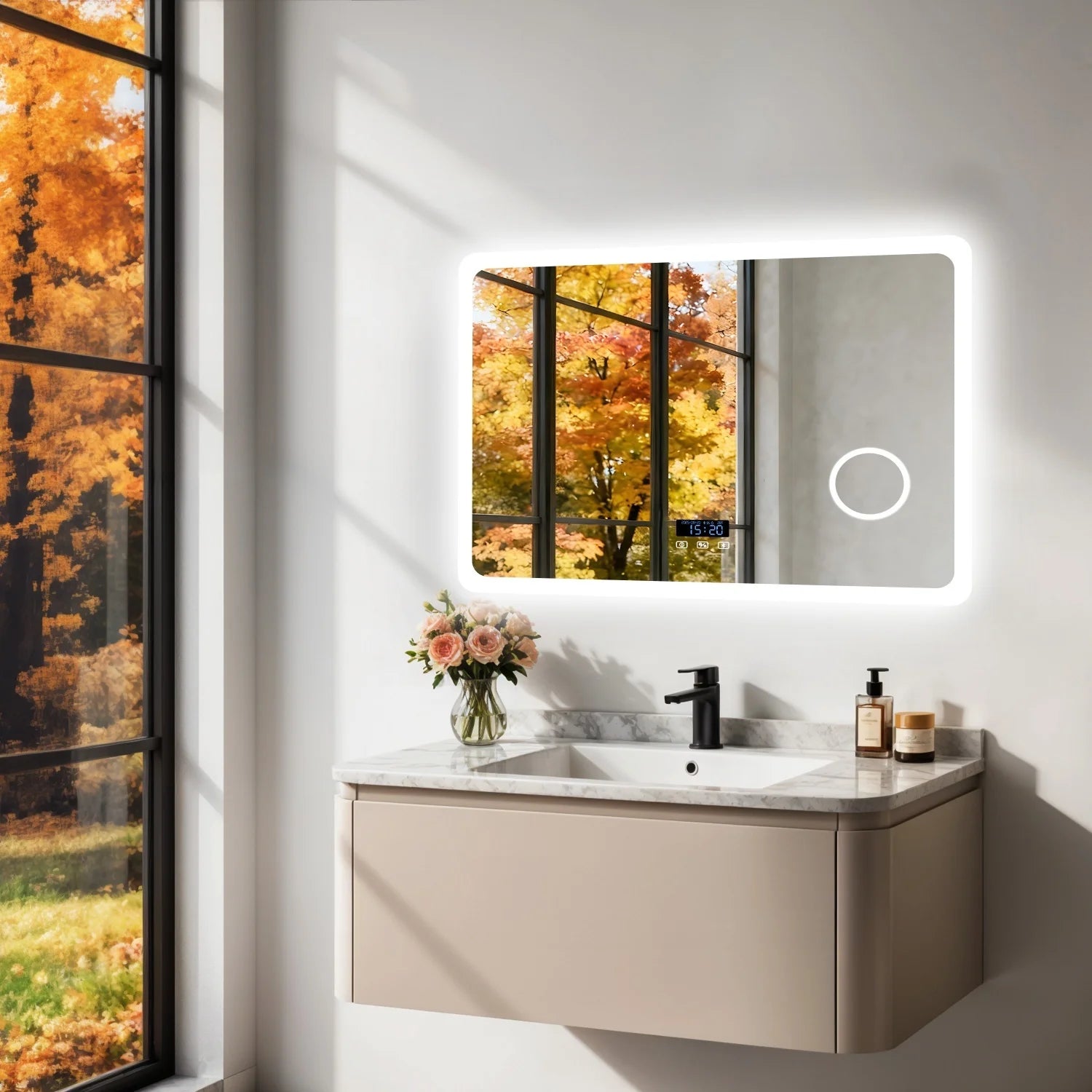 LED Bathroom Mirror with Bluetooth Dimmable Backlit Vanity Mirror with 3X Magnifier and Screen Display