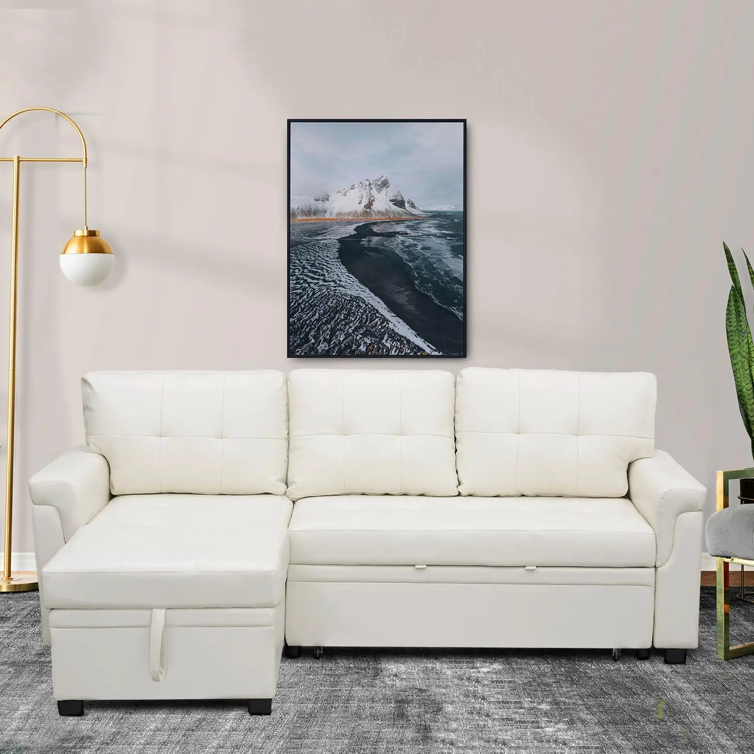 L Shaped Sleeper Sofa Bed with Storage & Pull Out Chaise Small Sectional Couch Living Room Air Leather Customized