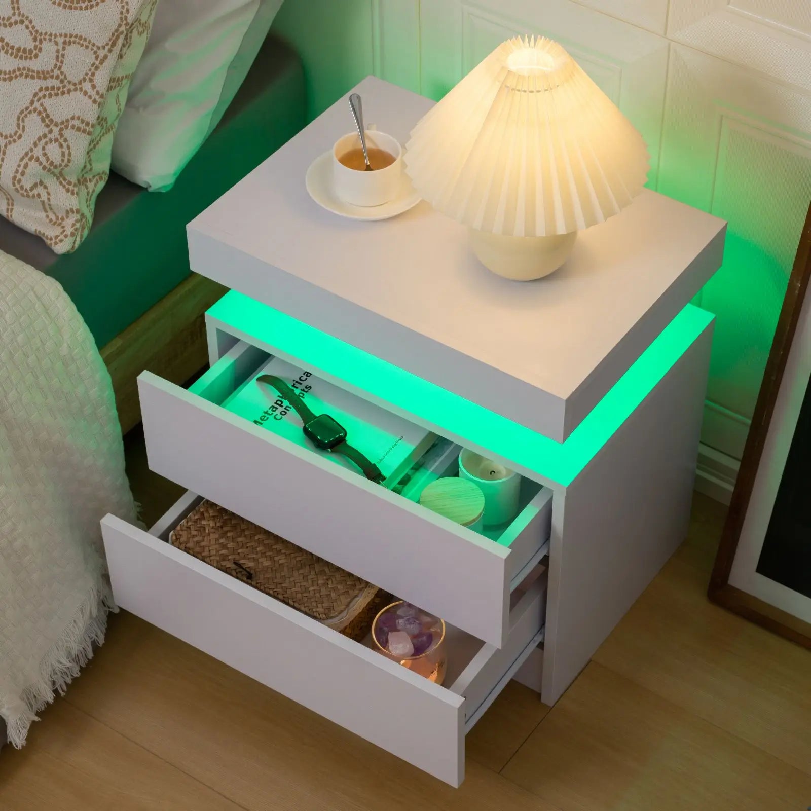 Moroccan Cube Nightstands with 2 Drawers, End Table with RGB LED Lights