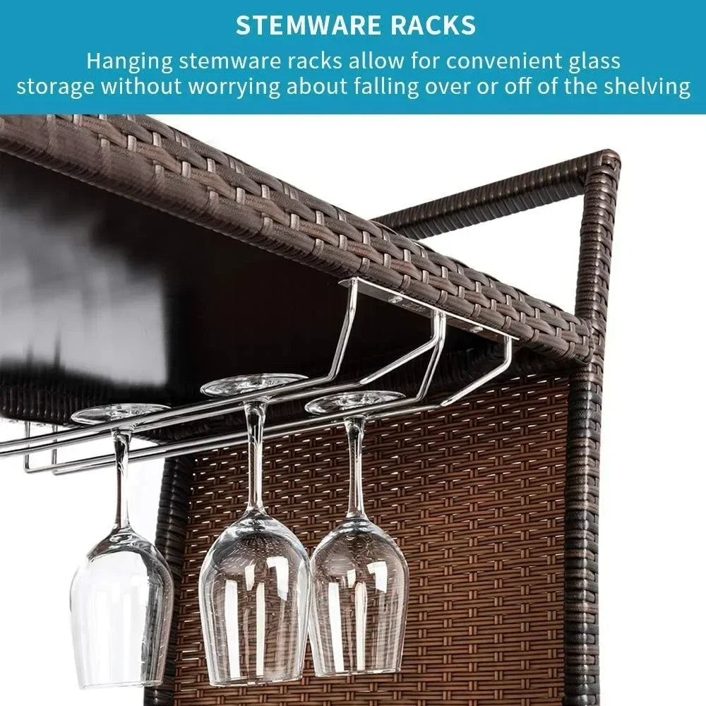 Hot-sellingRattan Outdoor Bar Cart on Wheels with Ice Bucket and Glass Top for Serving Drinks