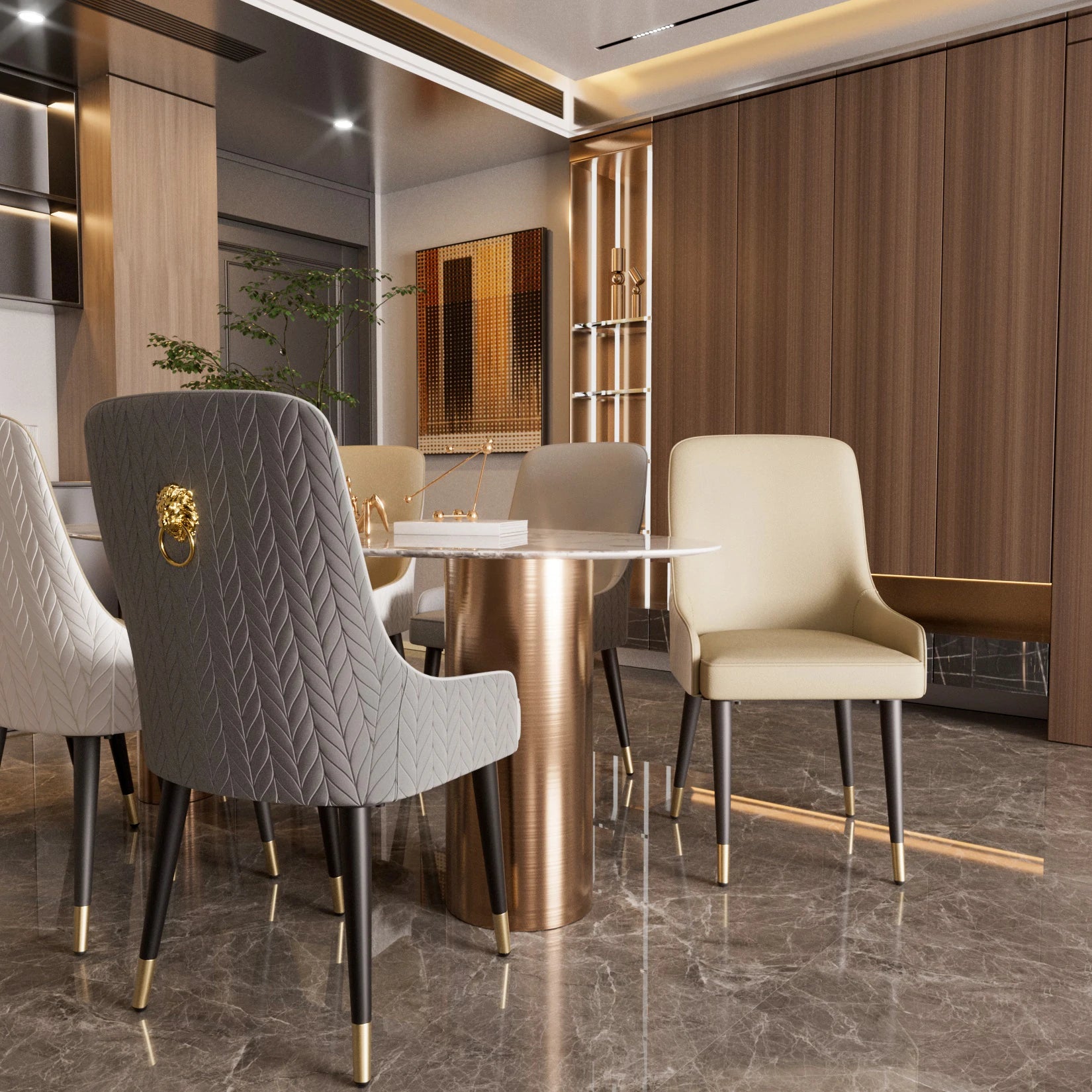 Modern PU Leather Set of 2 Dining Chairs with Metal Legs Lion Head Pull Ring