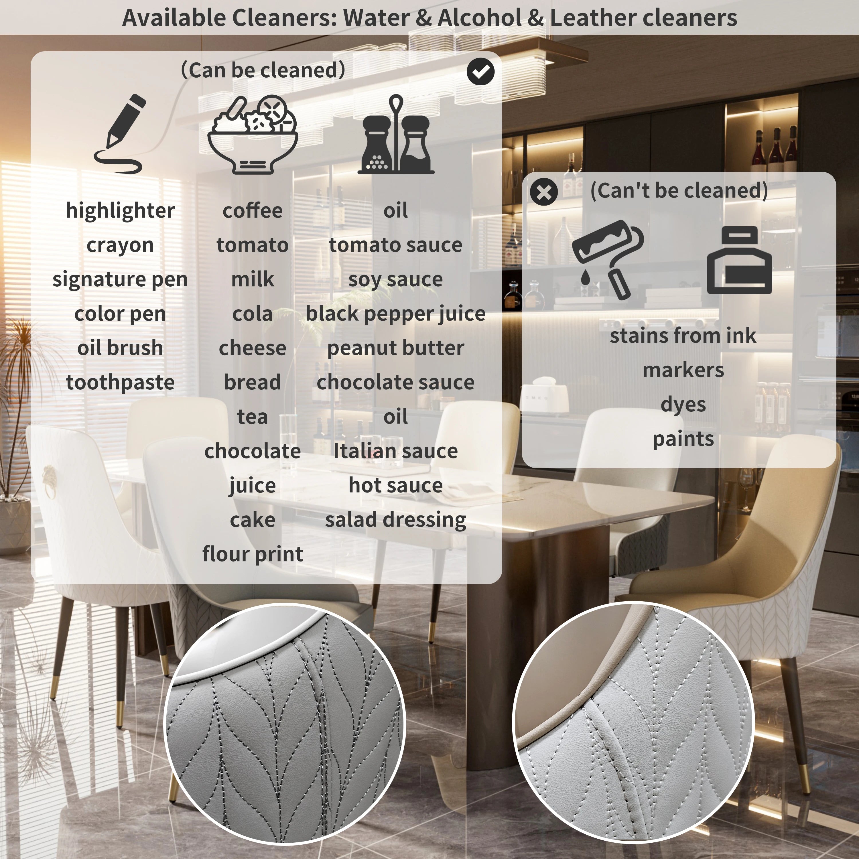 Modern PU Leather Set of 2 Dining Chairs with Metal Legs Lion Head Pull Ring