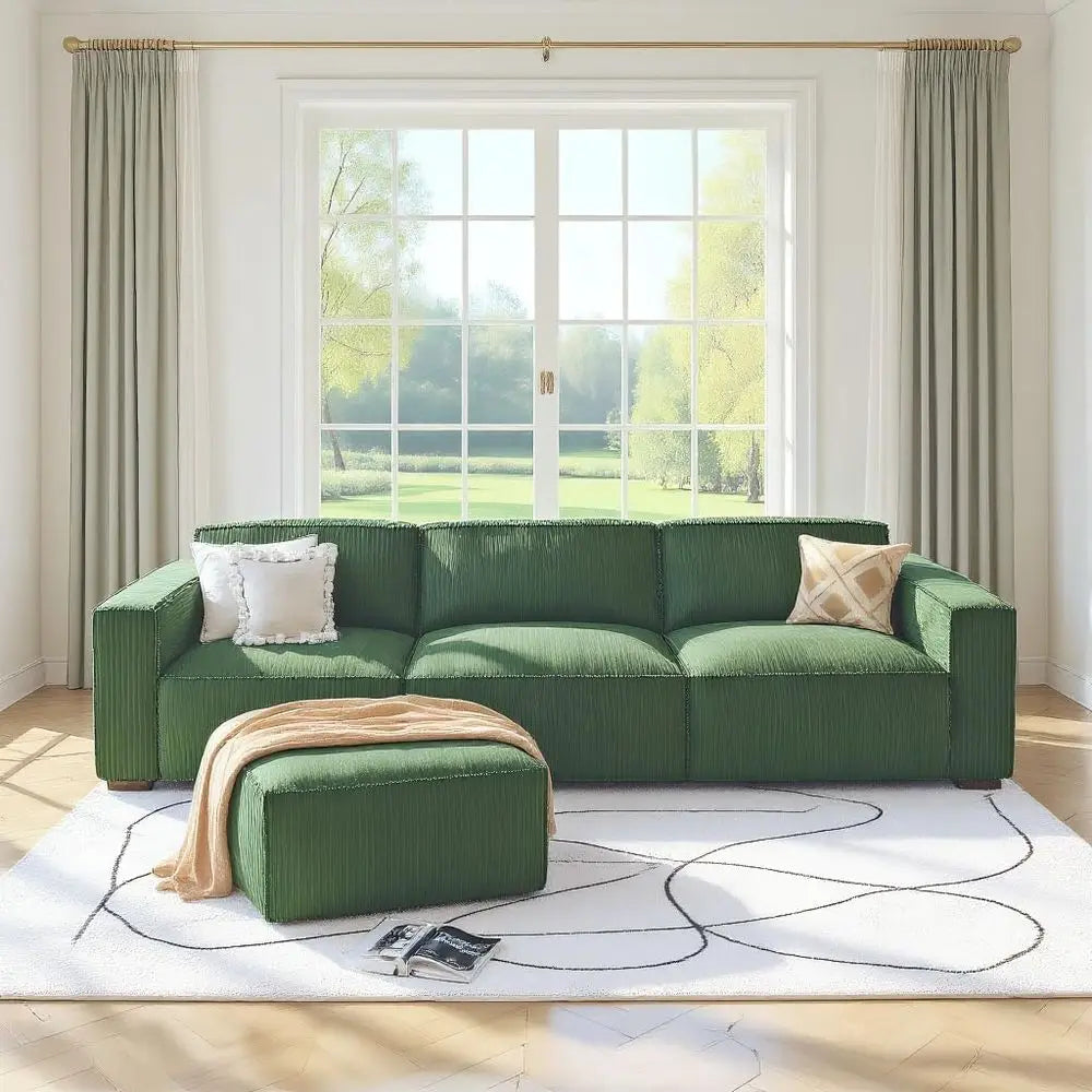 L-Shape Sectional Couch with Chaise & Ottoman, Green Corduroy