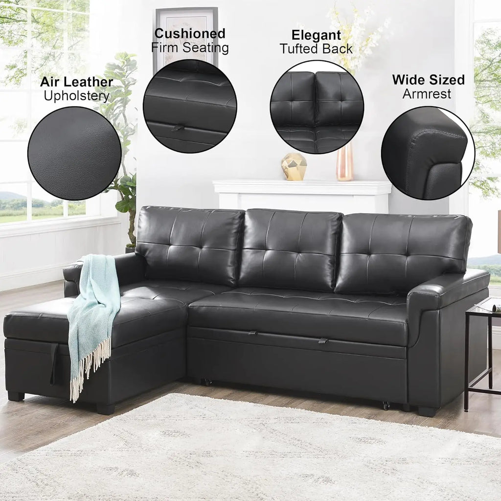 L Shaped Sleeper Sofa Bed with Storage & Pull Out Chaise Small Sectional Couch Living Room Air Leather Customized