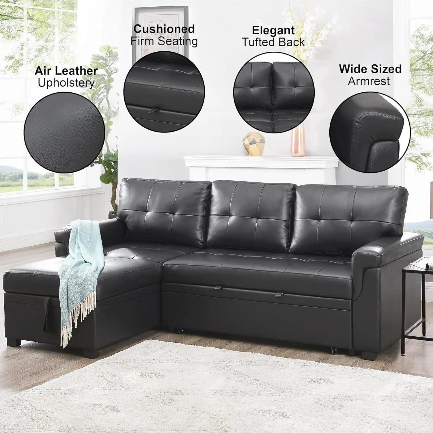 L Shaped Sleeper Sofa Bed with Storage & Pull Out Chaise Small Sectional Couch Living Room Air Leather Customized