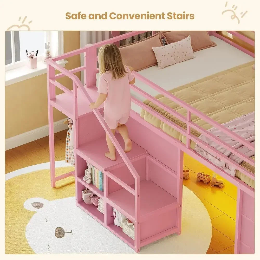 Twin Size Pink Kids Loft Bed with Stairs, LED Lights, and Play Area