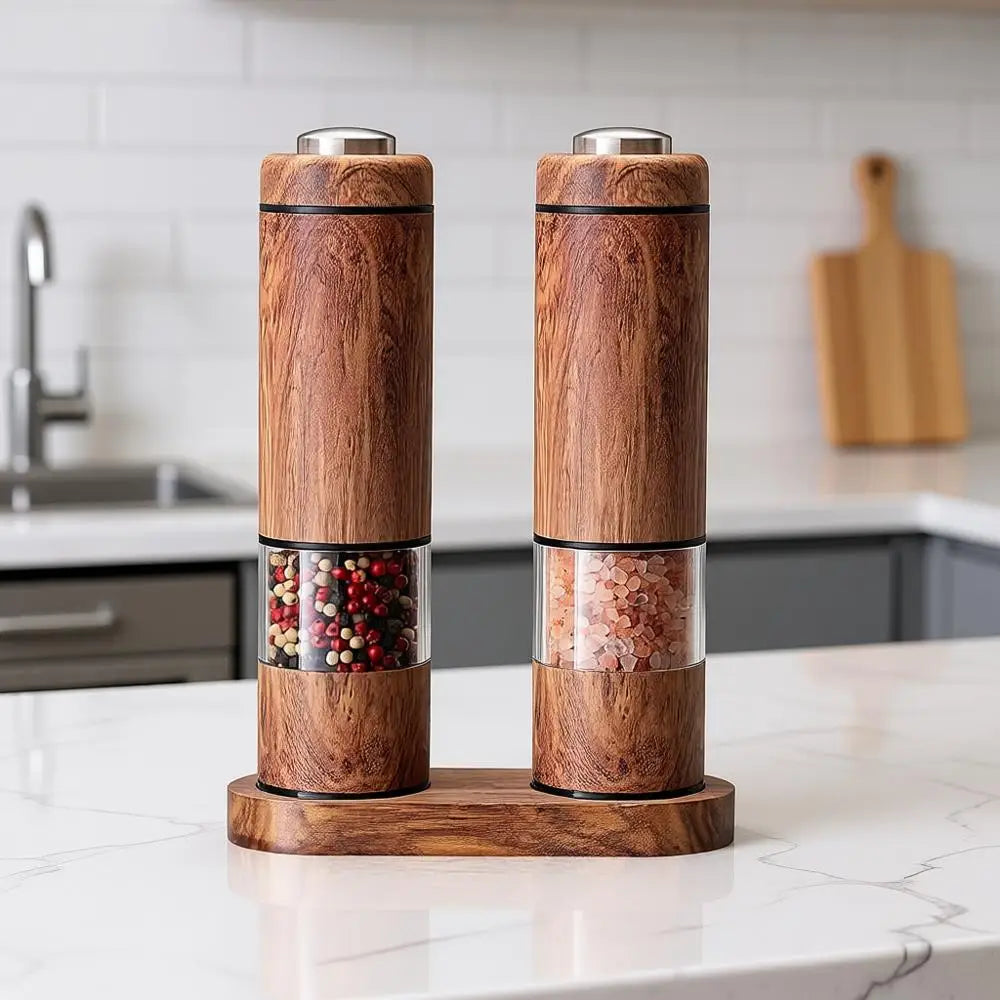 Automatic Salt and Pepper Grinder Set with Wood Base,
