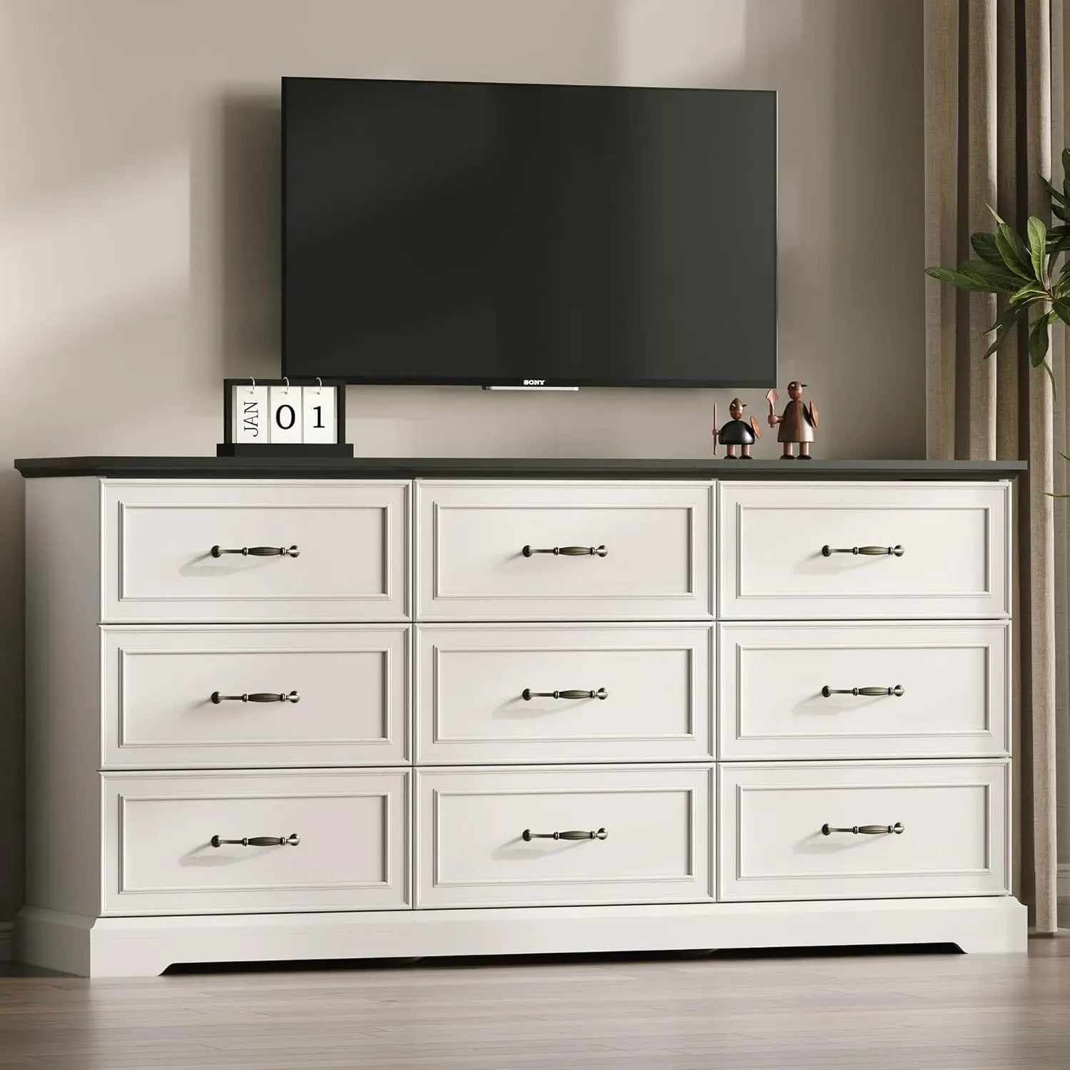 Farmhouse Drawer(9) Rustic Wood Dresser with Deep Drawers & Bar Handles ,63" Wide