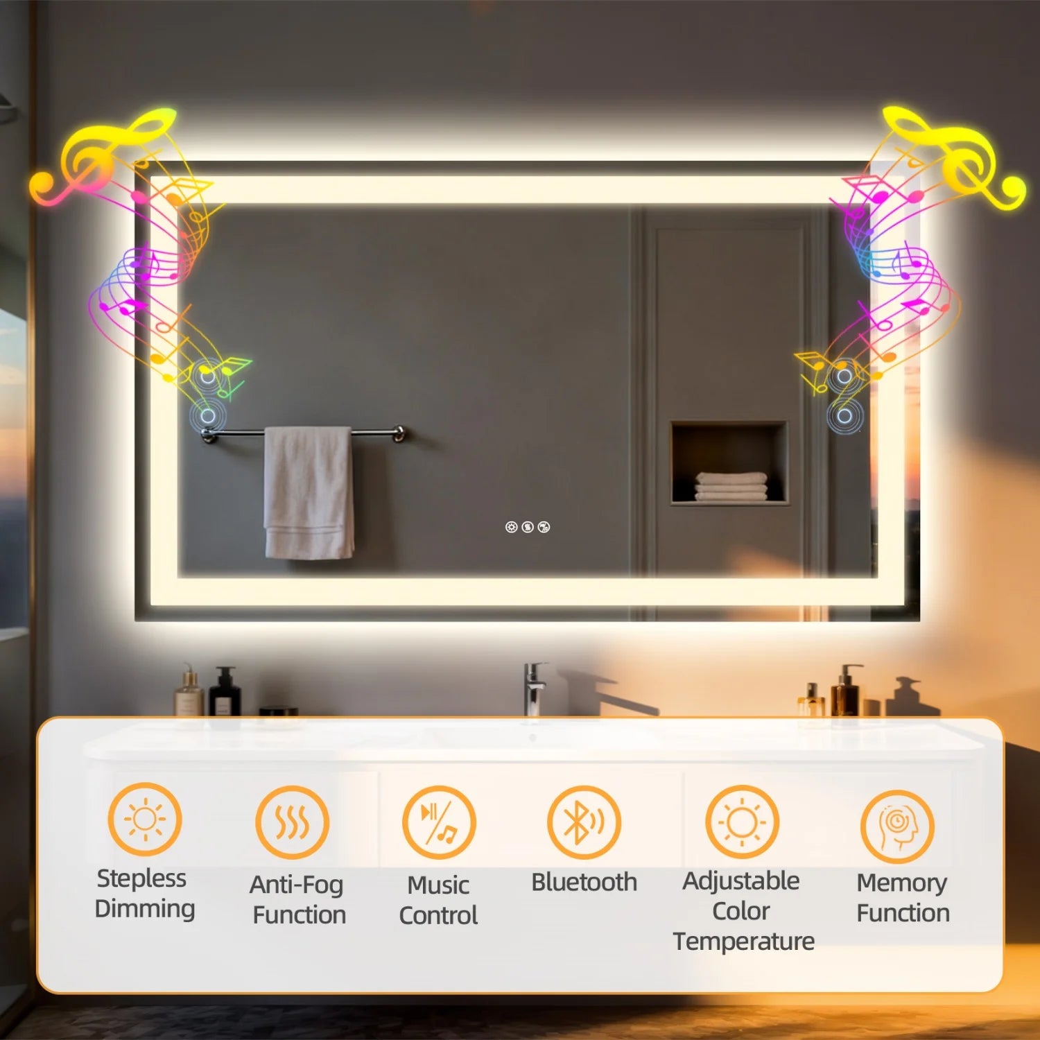 LED Bathroom Mirror Built-in Bluetooth Speaker Anti-Fog Dimmable