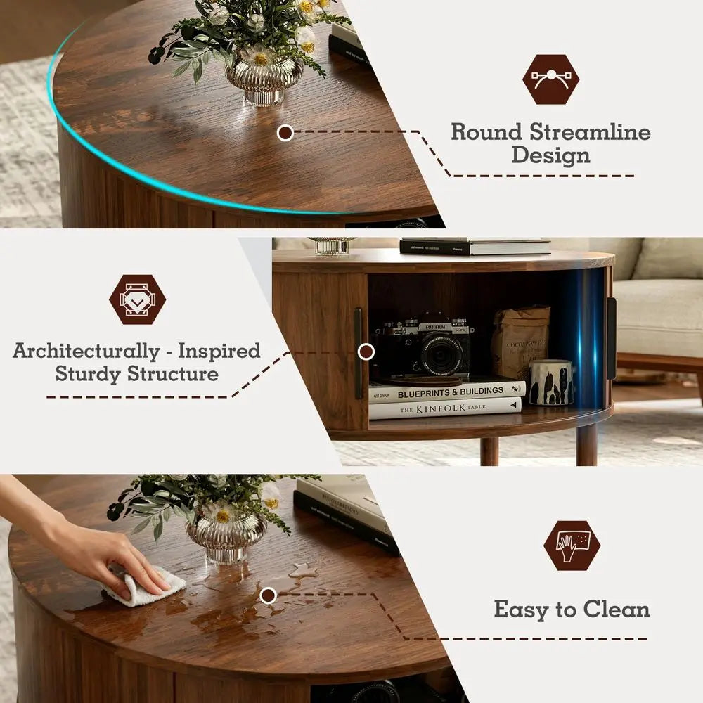 Sleek MidCentury, Walnut 30.0D x 16.3H, Round Coffee Table