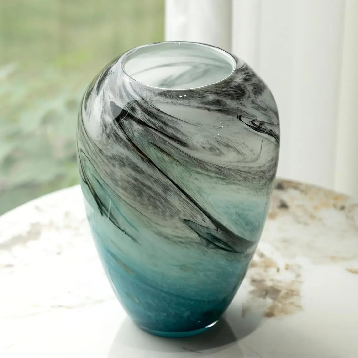 11" H Teal Glass Vases for Flowers, Unique Hand Blown