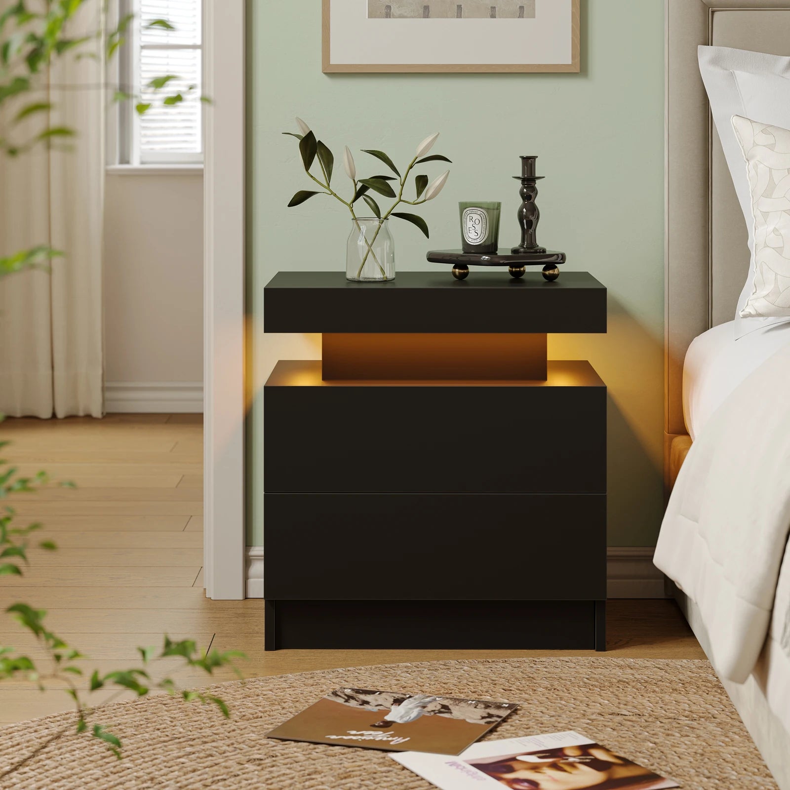 Moroccan Cube Nightstands with 2 Drawers, End Table with RGB LED Lights