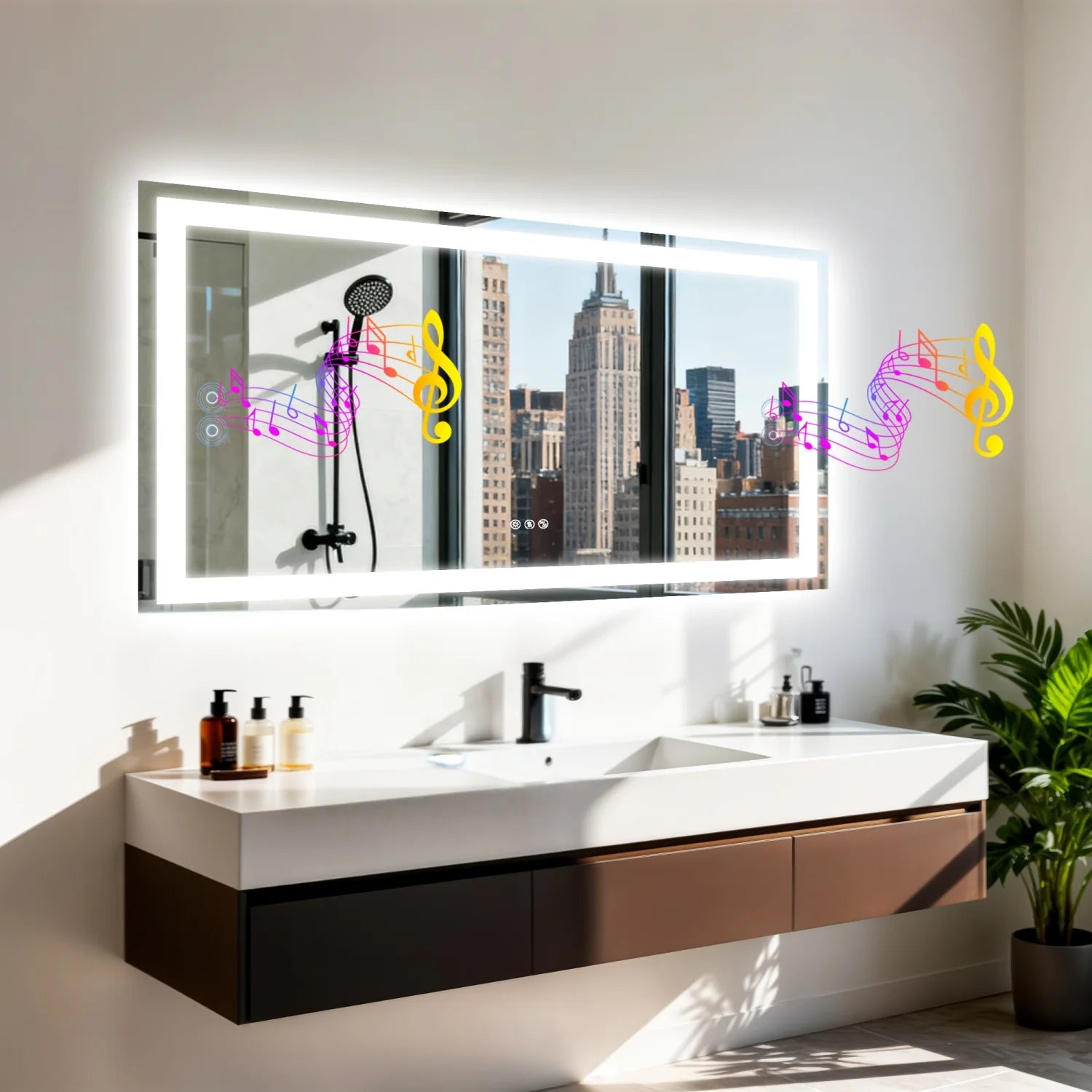 LED Bathroom Mirror Built-in Bluetooth Speaker Anti-Fog Dimmable