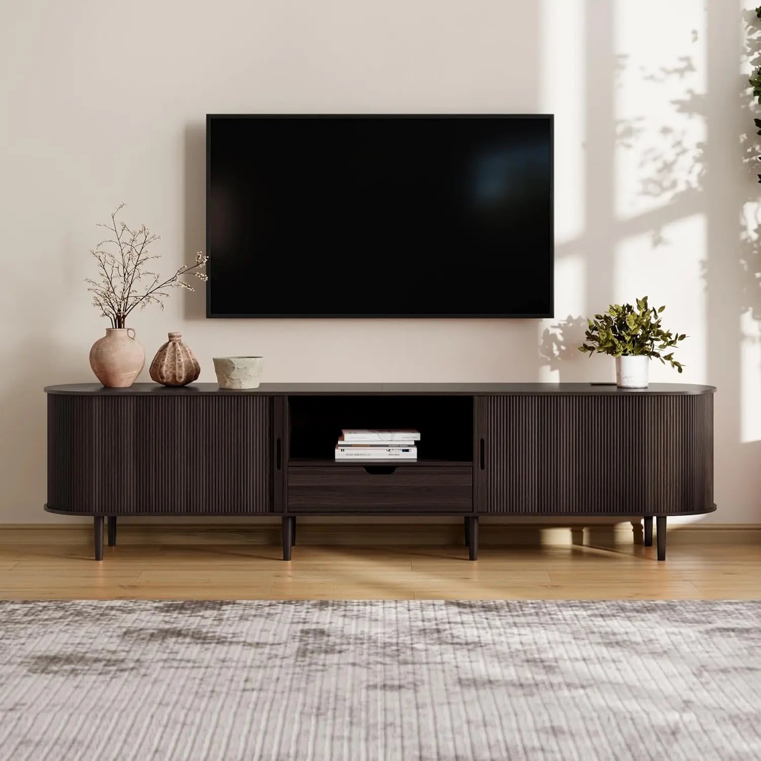 Fluted TV Stand Power Outlet 90" Console 86.6" long