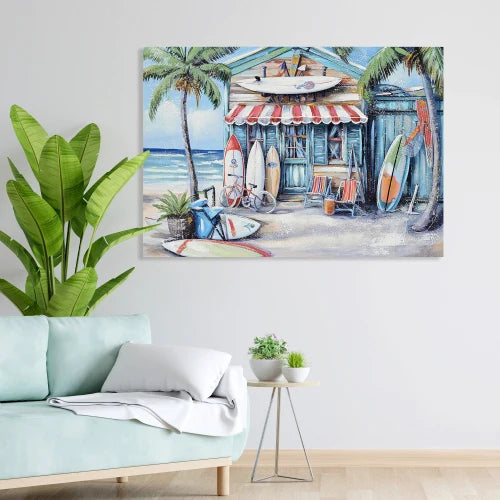 Blue Seaside Villa Surfboard Coconut Tree Ocean  Canvas Wall Art