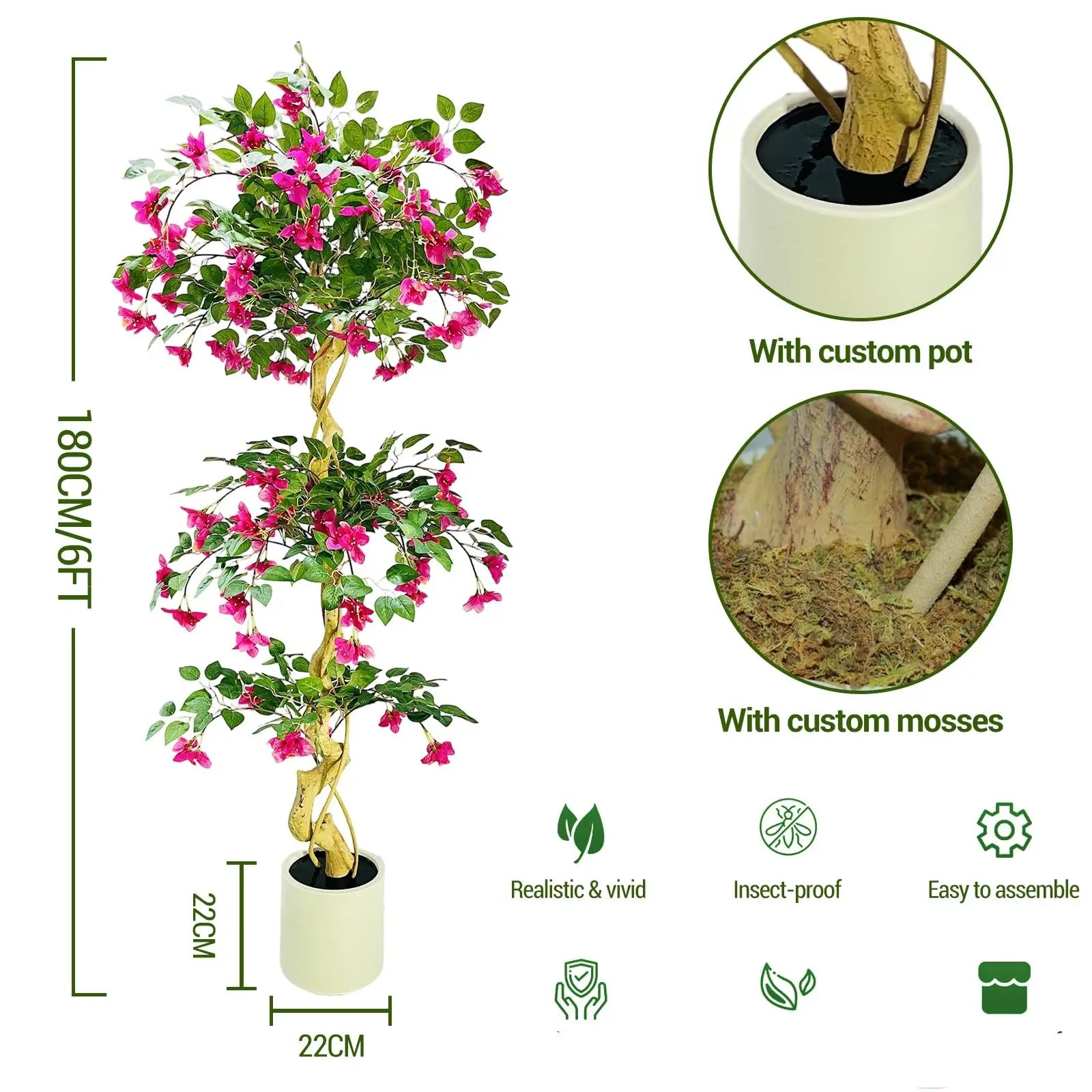 Lifelike Artificial Bougainvillea Tree in White Pot Realistic Silk Foliage
