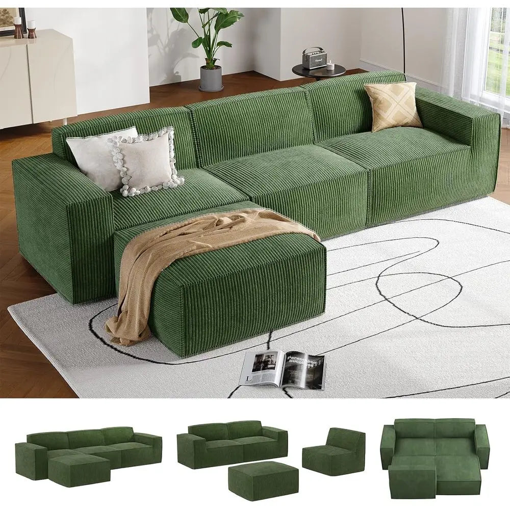 L-Shape Sectional Couch with Chaise & Ottoman, Green Corduroy