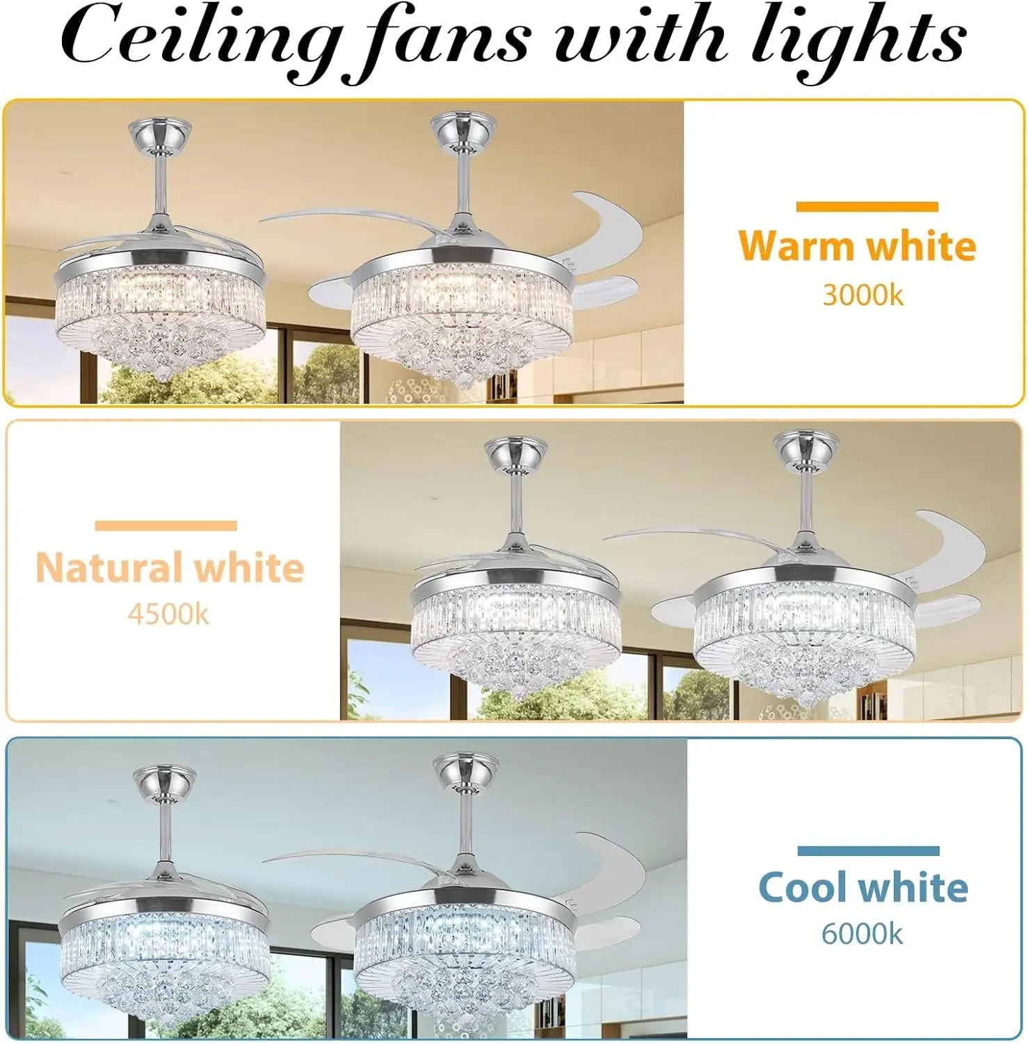 42" Crystal Ceiling Fan with Light, Silvery Chandelier with Remote, 6 Speeds 3 Colors Changes