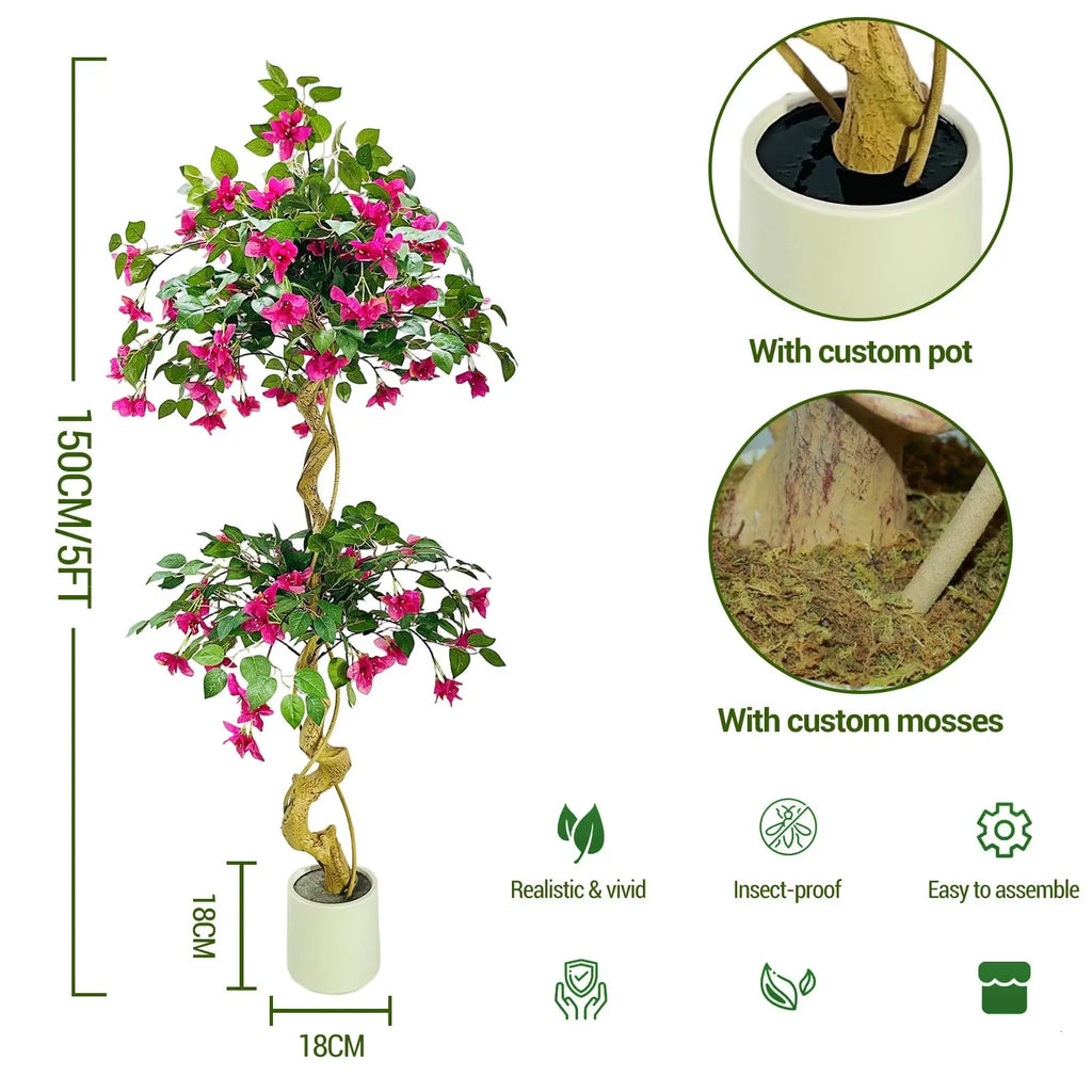 Lifelike Artificial Bougainvillea Tree in White Pot Realistic Silk Foliage