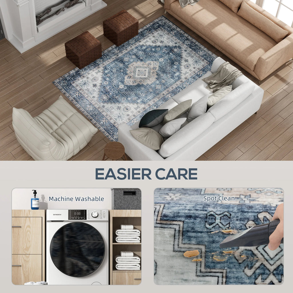 Relaxing Boho Pattern 4'x6' Vintage Oriental Medallion Distressed Rugs, Blue