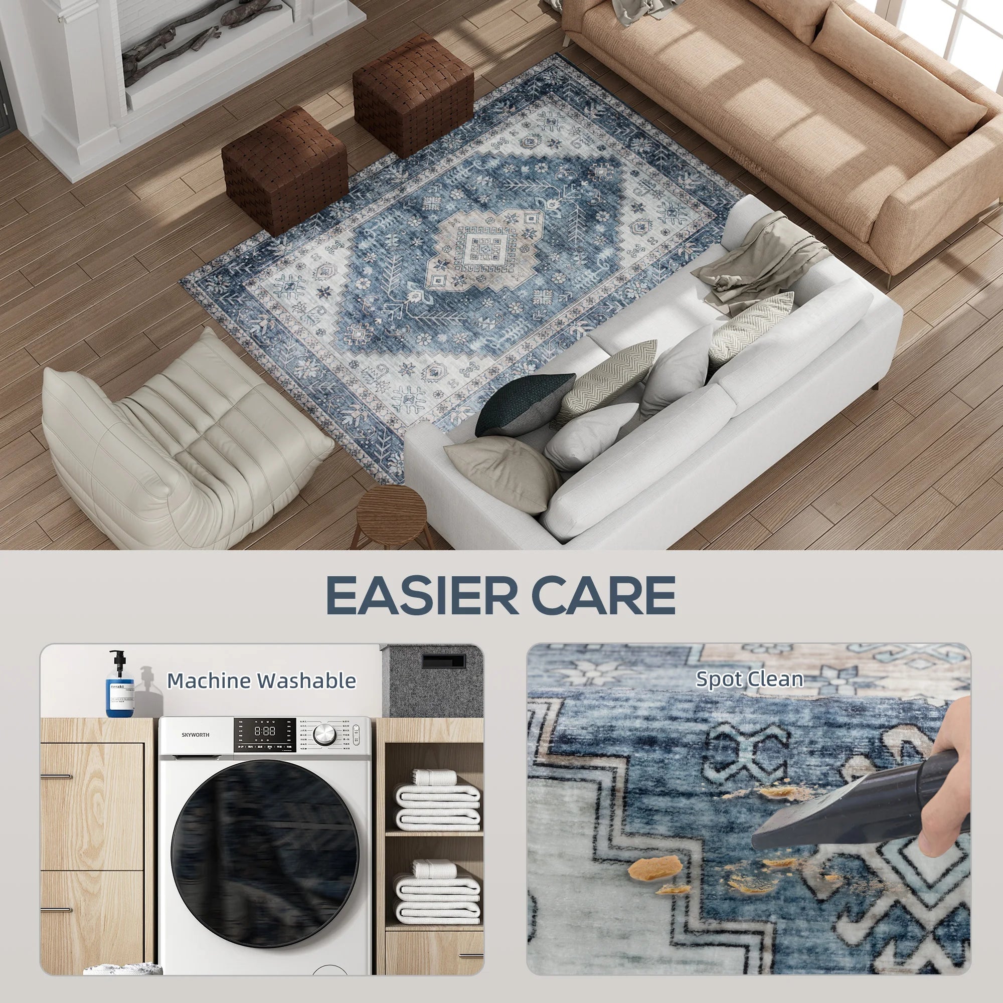 Relaxing Boho Pattern 4'x6' Vintage Oriental Medallion Distressed Rugs, Blue