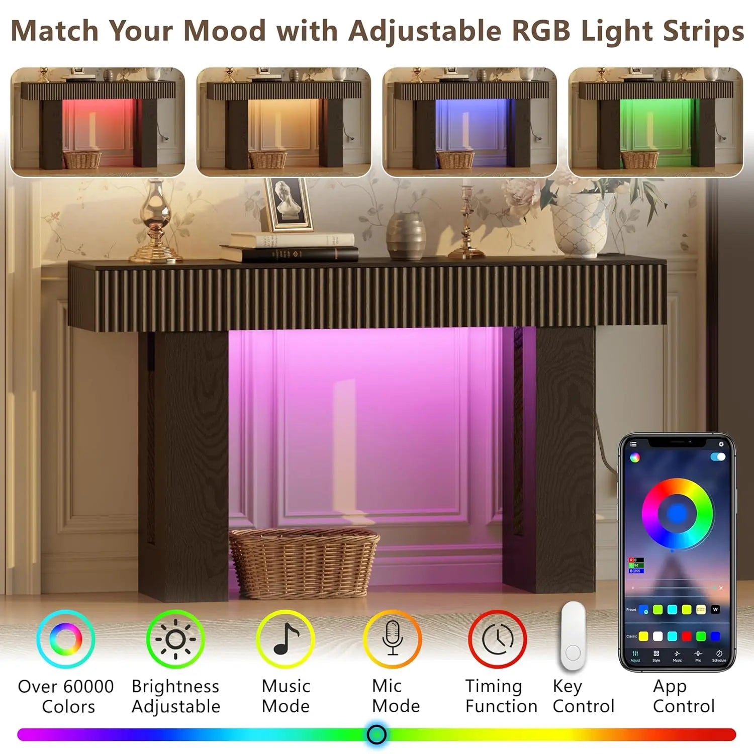 Lights up! 60in Power Outlet RGB Console Table, Thick Wood