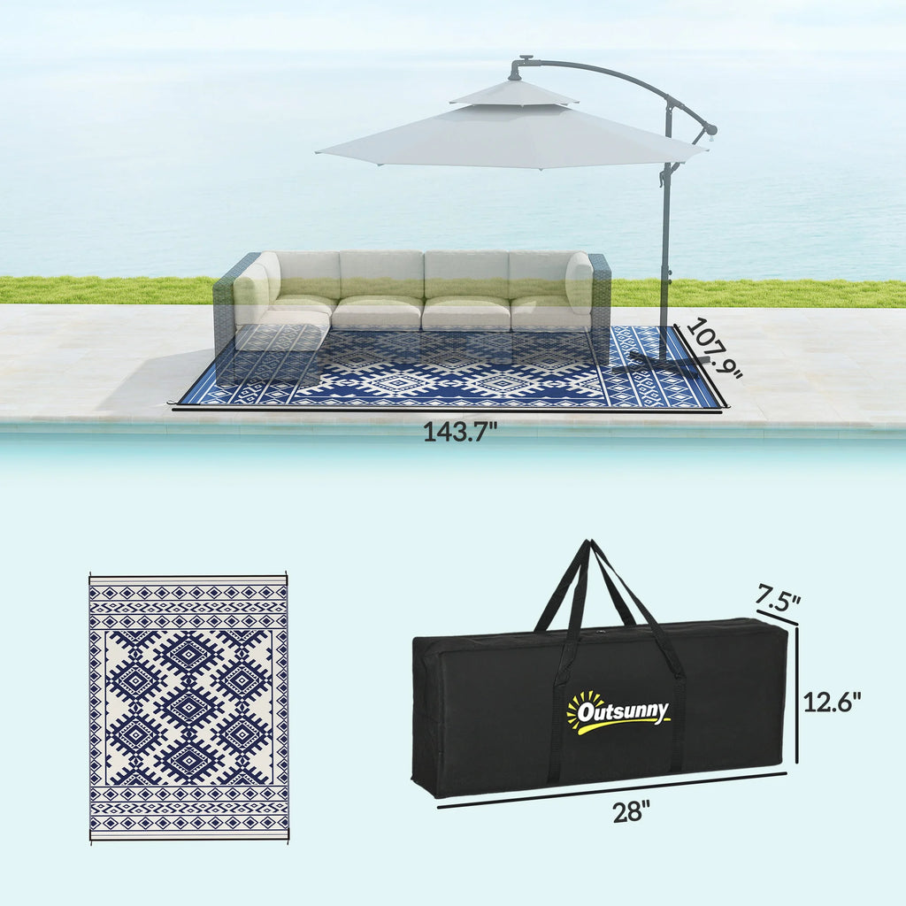 Jazzy Outdoor Rug, 9' x 12' Floor Mat, Blue White Rhombus Border