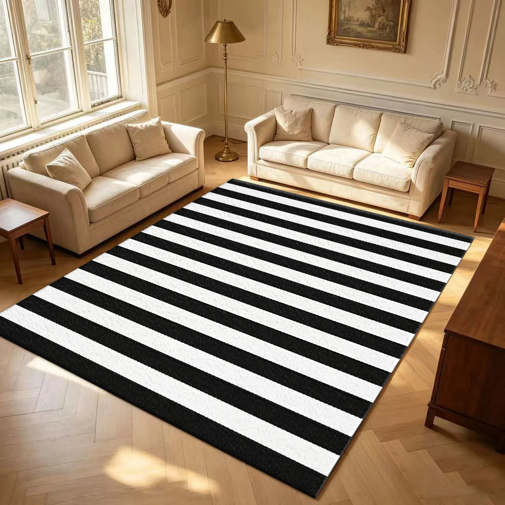 Classic Black White Vertical Stripe Area Rug Non Slip Washable