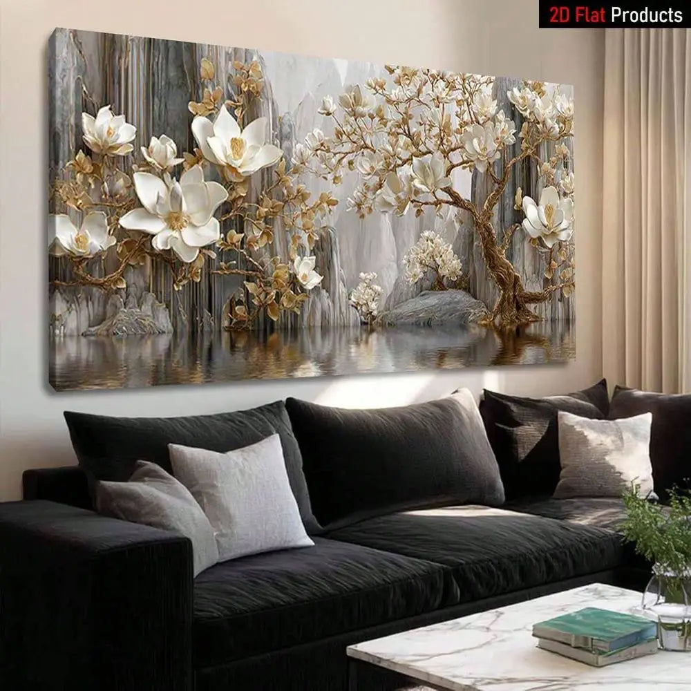 White Magnolia Flower Tree With Golden Accents High Quality Wall Art Printed