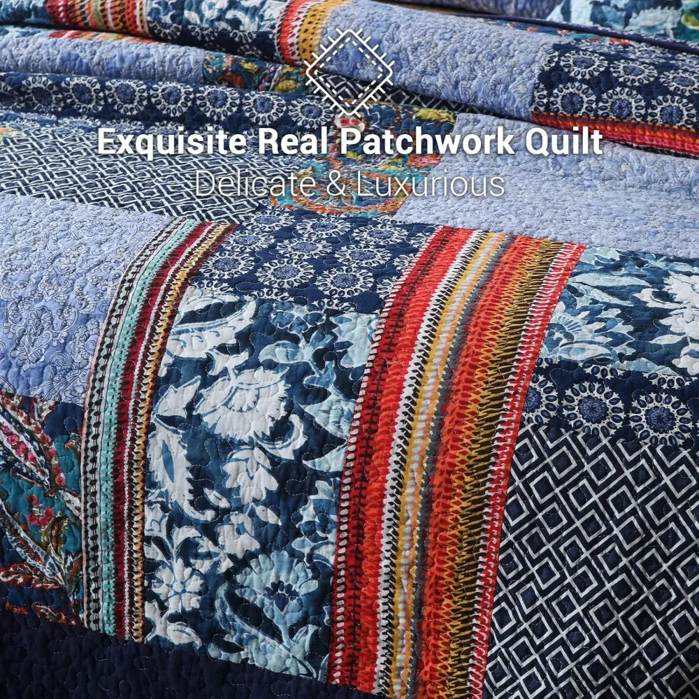 King Quilt Set Reversible Bohemian Paisley Patchwork 3-Piece