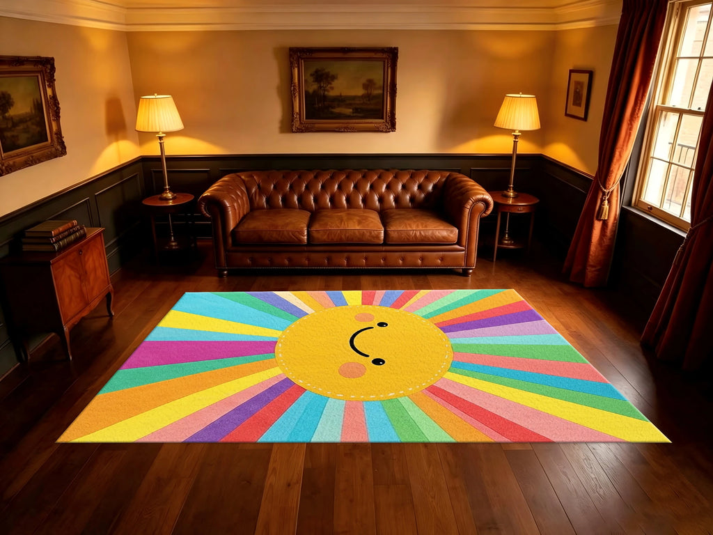 Cute Rainbow Smiley Sun Area Rug Bright Colorful Kids