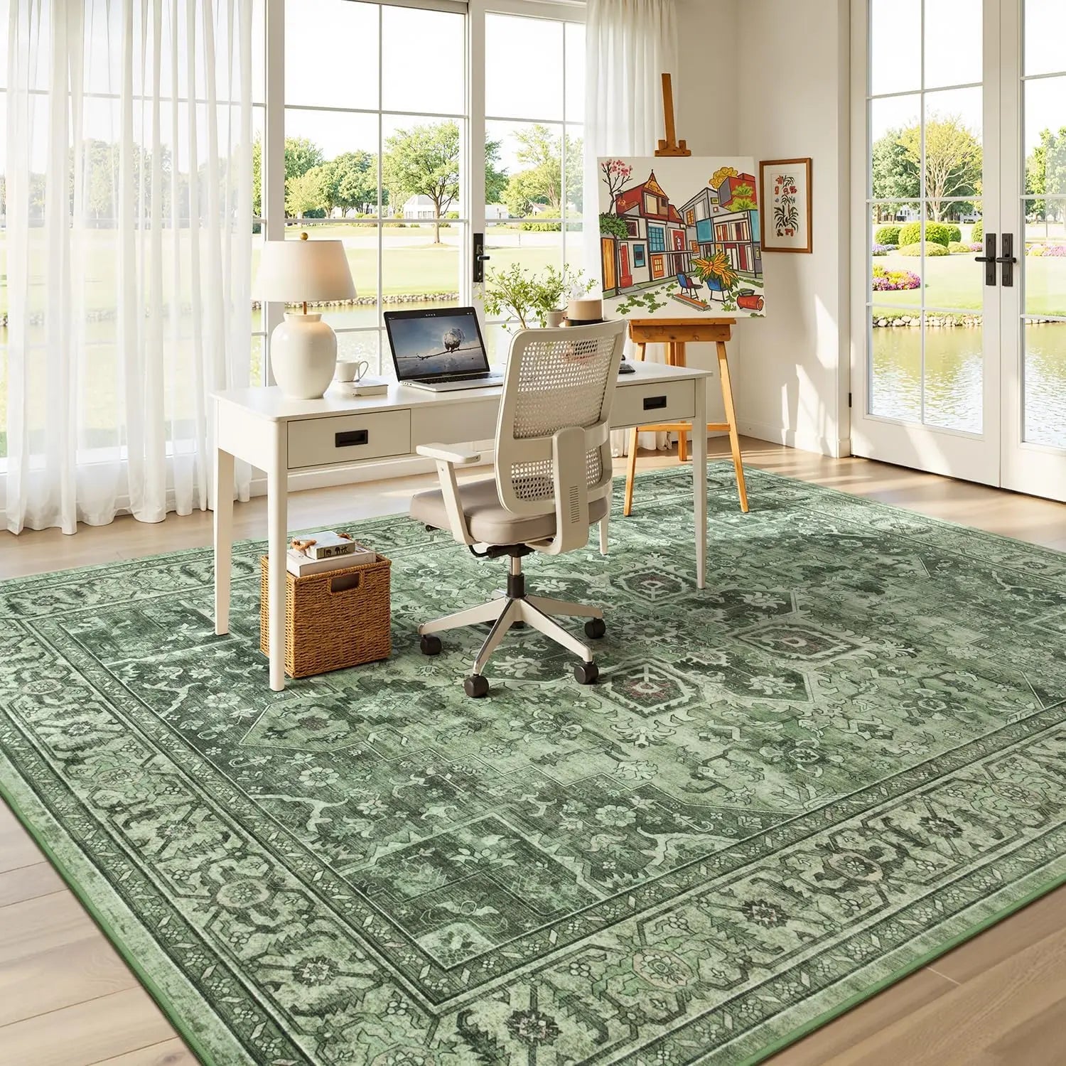 Perfect Farmhouse Boho Floral Sage Green 8x10 Vintage Area Rug