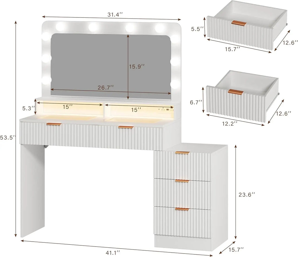 White Fluted Makeup Vanity with Lighted Mirror, Glass Top, 5 Drawers & Built-in Power Outlet