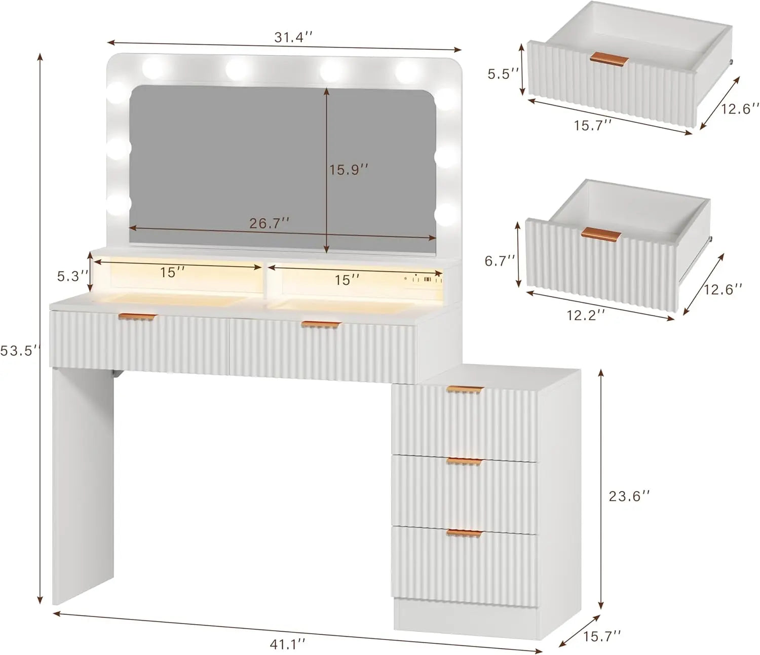 White Fluted Makeup Vanity with Lighted Mirror, Glass Top, 5 Drawers & Built-in Power Outlet