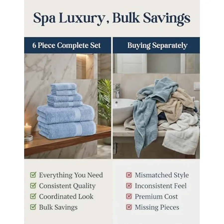 100% Cotton Bath Towels 6 Piece Set - Super Soft, Quick Dry and Absorbent - 2 Bath, 2 Washcloths, 2 Hand Towels for Bathroom -