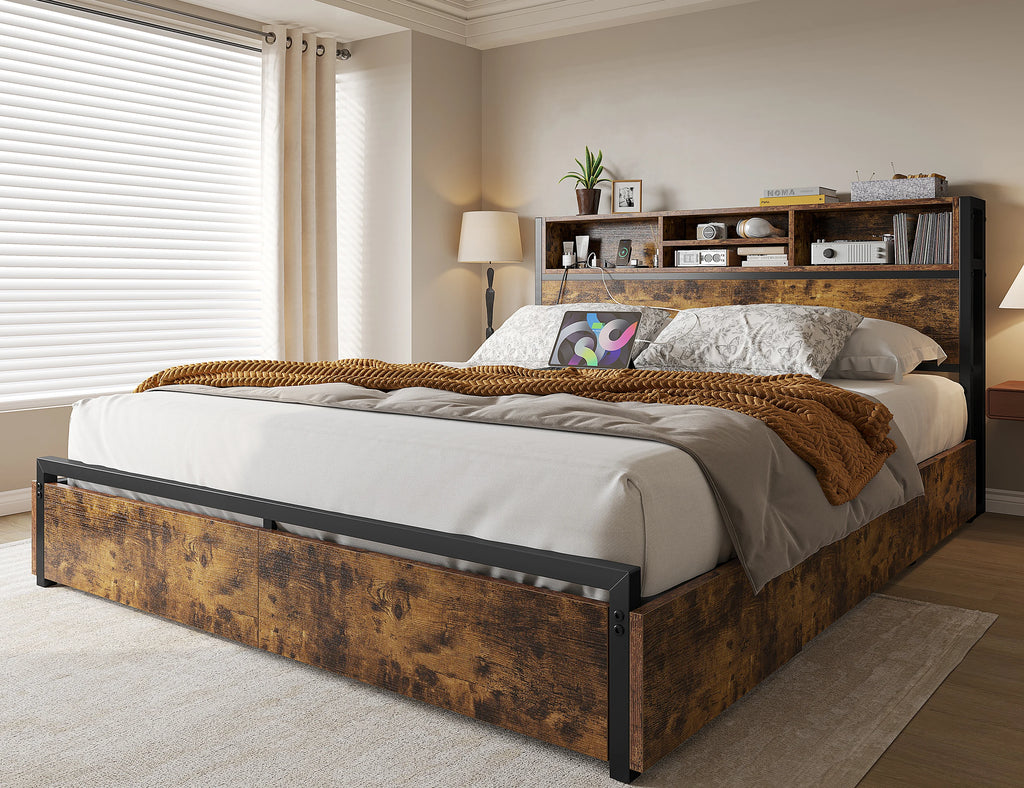 Storage Galore !!! Metal Platform Bed Frame with Bookcase Headboard