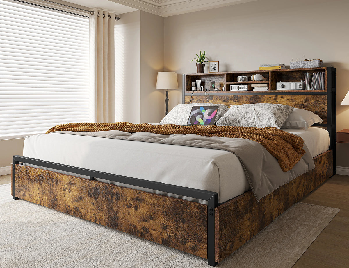 Storage Galore !!! Metal Platform Bed Frame with Bookcase Headboard