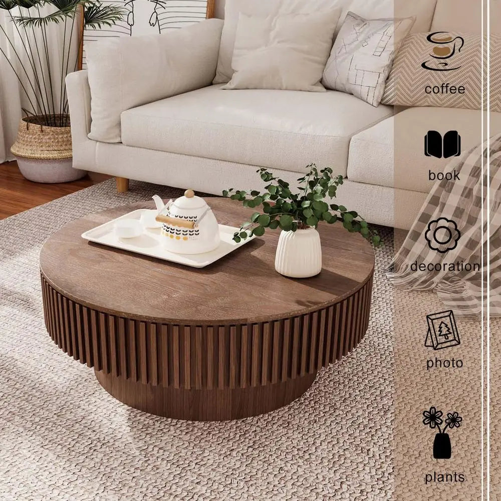Walnut Round Coffee Table with Storage for Small Spaces: 31.5L × 31.5W × 14H