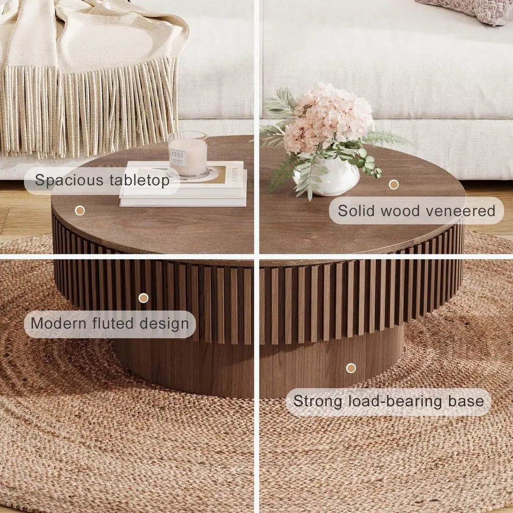 Walnut Round Coffee Table with Storage for Small Spaces: 31.5L × 31.5W × 14H