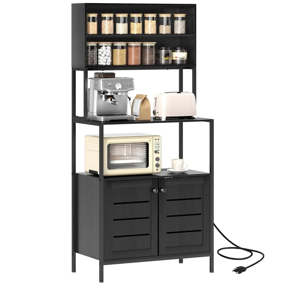 Kitchen Bakers Rack with Power Outlet, Coffee Bar Cabinet with Storage Shelves