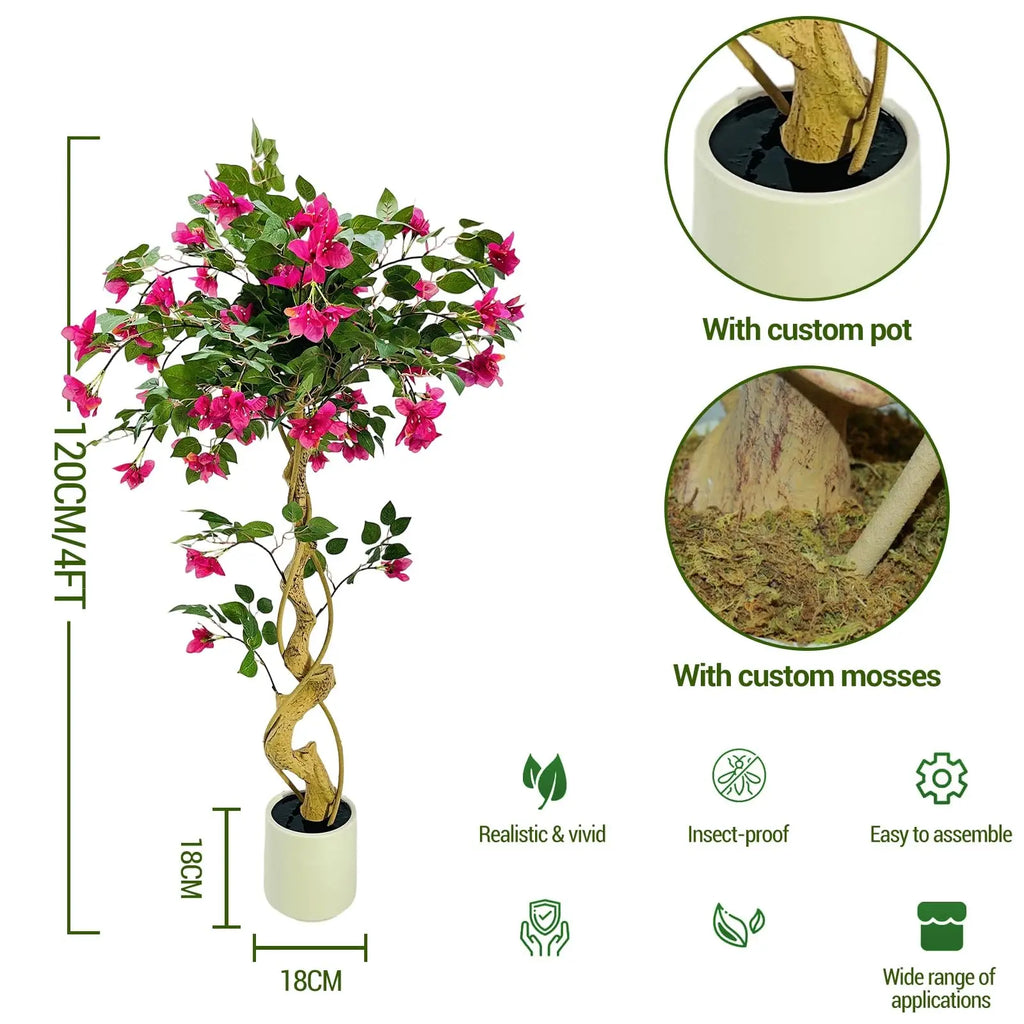 Lifelike Artificial Bougainvillea Tree in White Pot Realistic Silk Foliage