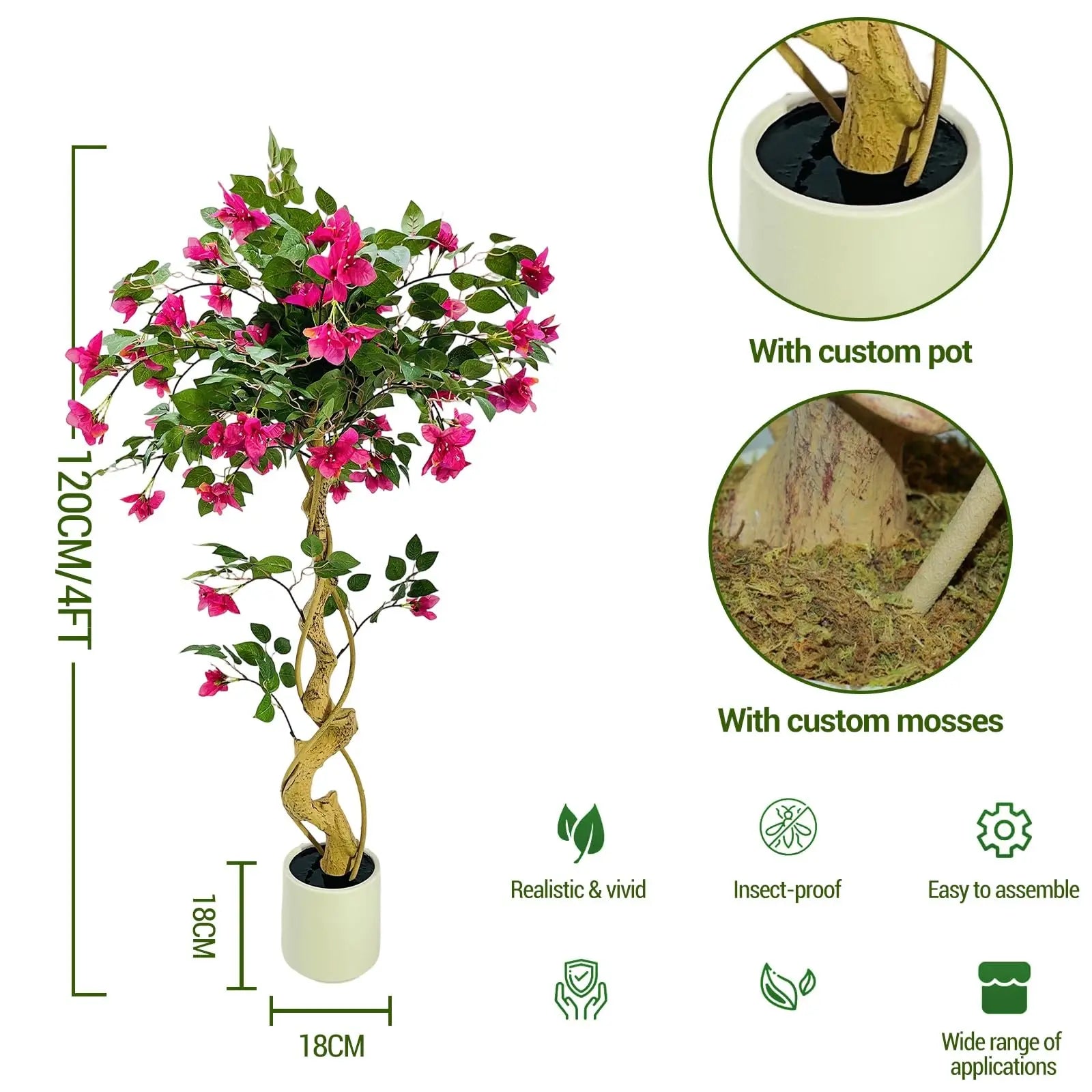 Lifelike Artificial Bougainvillea Tree in White Pot Realistic Silk Foliage