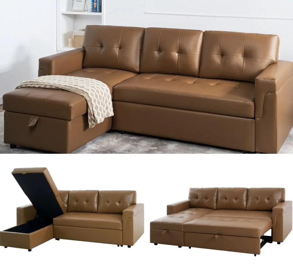 L Shaped Sleeper Sofa Bed with Storage & Pull Out Chaise Small Sectional Couch Living Room Air Leather Customized